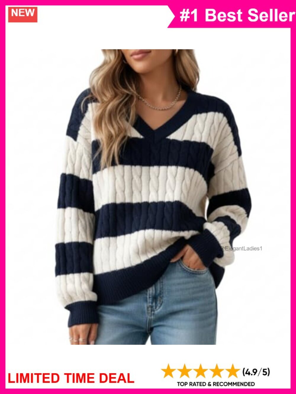 V Neck Cable Knit Sweater Women Oversized Stripe Preppy Pullover